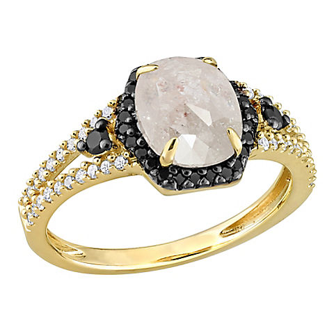 2 ct. t.w. Salt and Pepper Black and White Diamond Hexagon Split Shank Halo Ring in 10k Yellow Gold