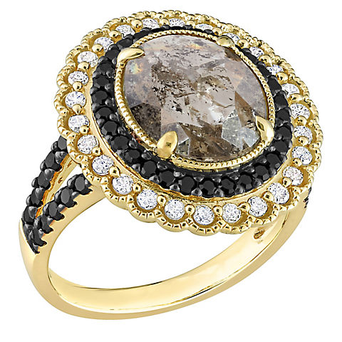 3.1 ct. t.w. Salt and Pepper Black and White Diamond Oval Halo Ring in 10k Yellow Gold