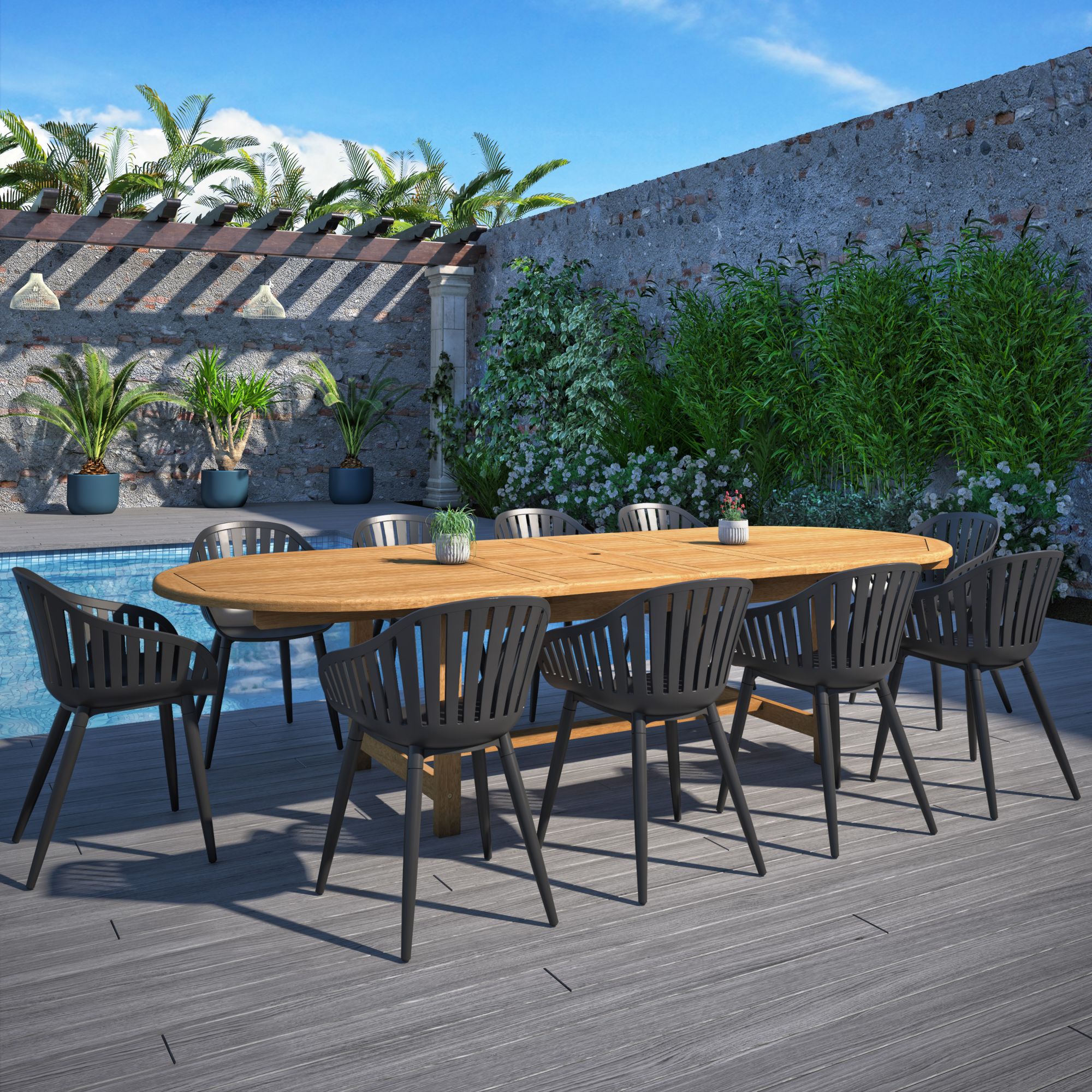 Amazonia Teak 11pc Outdoor Patio Peter Dining Set Black Chairs