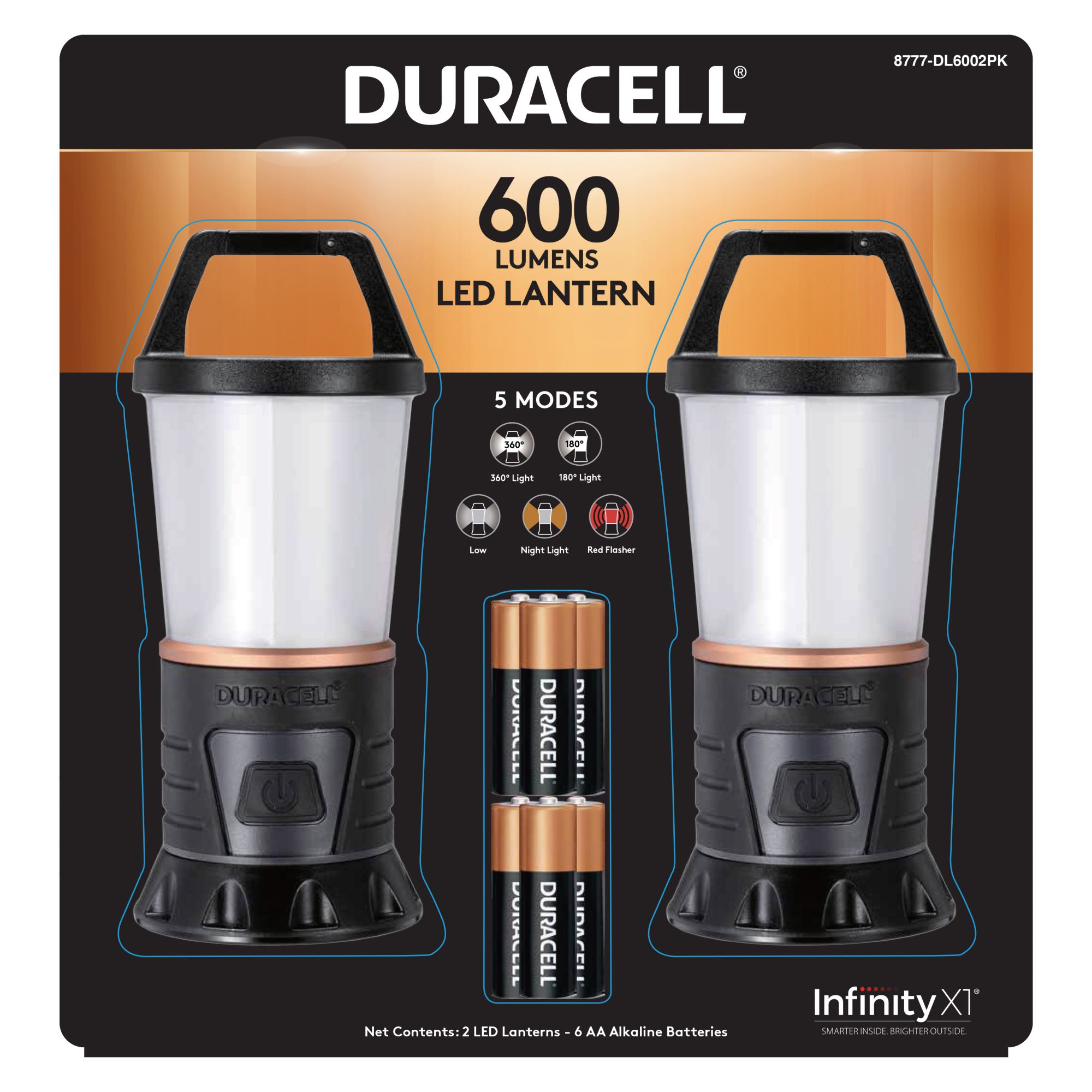 Duracell 600 Lumen LED Lantern with 360° & 180° lighting for Camping,  Fishing, & Emergency Use - 5 Modes and 3-AA Batteries Included