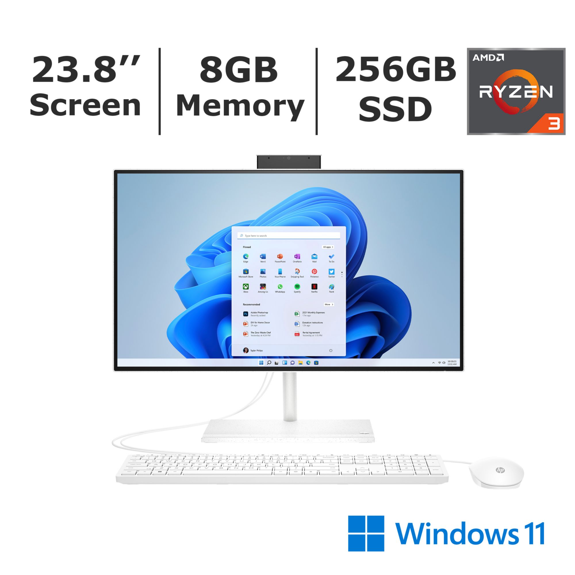 HP All-in-One 24-cb0136m Bundle All-in-One PC, 23.8, Windows 11 Home, AMD  Ryzen™ 3, 8GB RAM, 512GB SSD, FHD