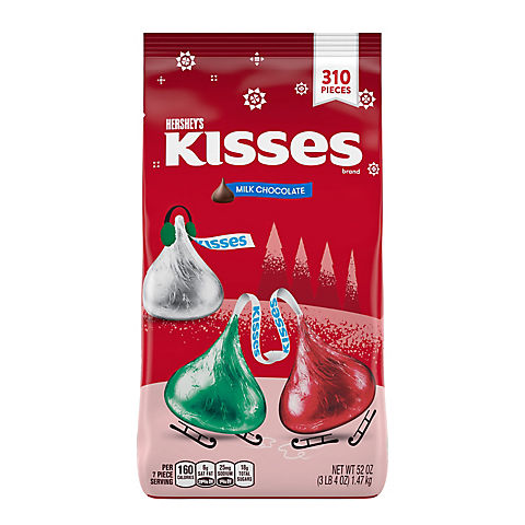 Hershey's Kisses Milk Chocolate Candy Red, Green, & Silver, Bulk Bag, 310 ct./52 oz.