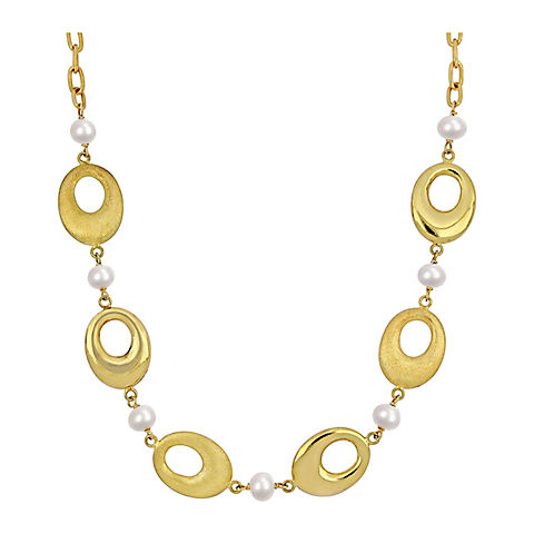Cultured Freshwater Pearl and Disc Station Chain Necklace in 18k Gold Plated Silver