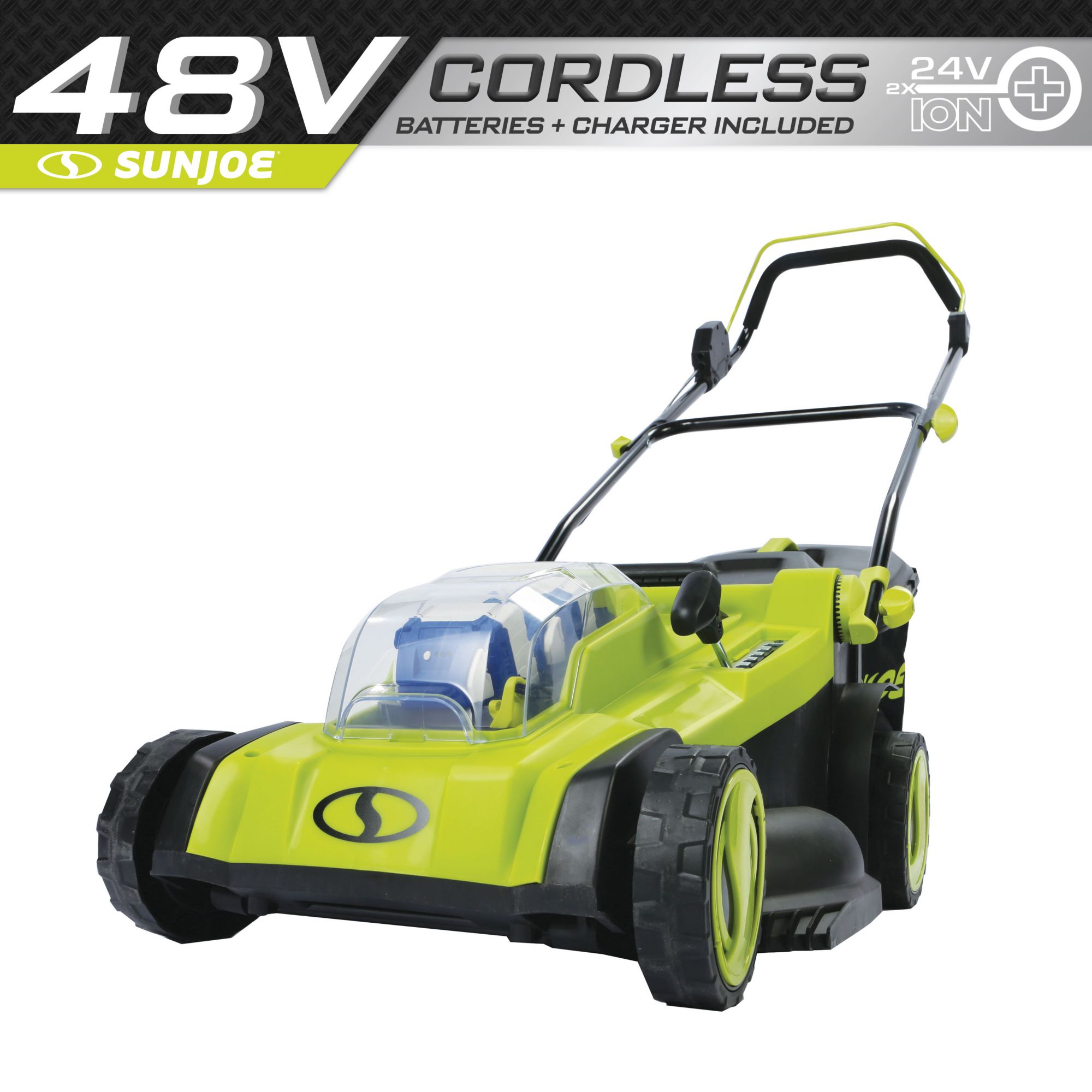  Sun Joe 24V-X2-16LM 48-Volt iON+ Cordless Brushless Lawn Mower  Kit, W/ 4.0-Ah Battery & 24V-SB10-LTE 24-Volt iON+ 10-in. Cordless  SharperBlade Stringless Lawn Trimmer, Kit : Patio, Lawn & Garden