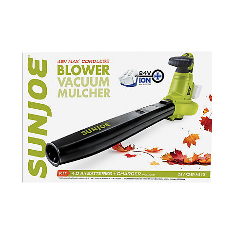 Sun Joe 48-Volt Ionmax 190-MPH Cordless Leaf Blower Vacuum Mulcher Kit with (2) 4.0-Ah Batteries and Charger