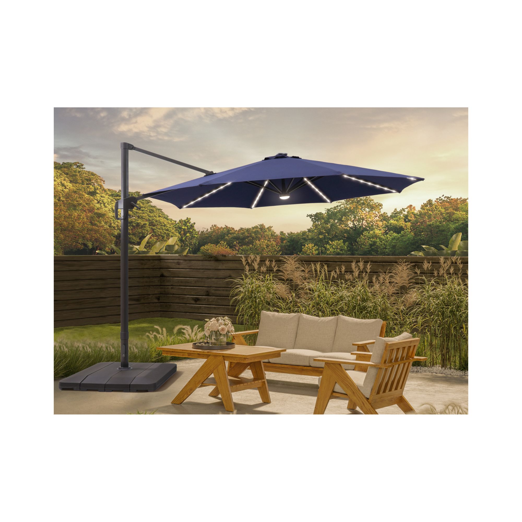 Berkley Jensen 11' Aluminum Offset Umbrella with Solar LEDs and Stand -  Navy