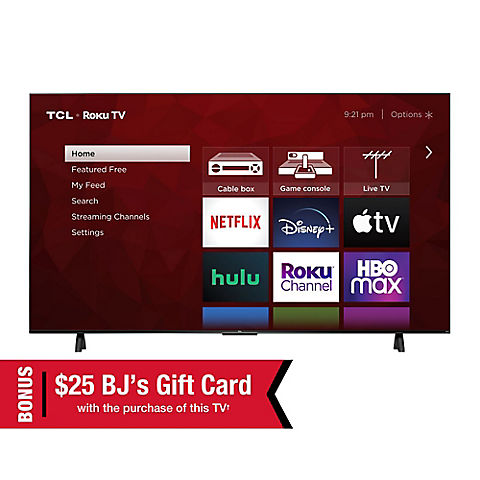 TCL 75" 4 Series LED 4K UHD Roku Smart TV with $25 BJ's Gift Card and 4-Year Coverage