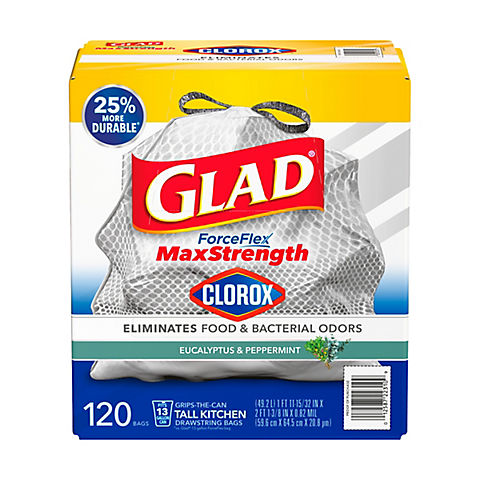 Glad ForceFlexPlus with Clorox Trash Bags, Eucalyptus, and Peppermint, 120 ct./13 gal.