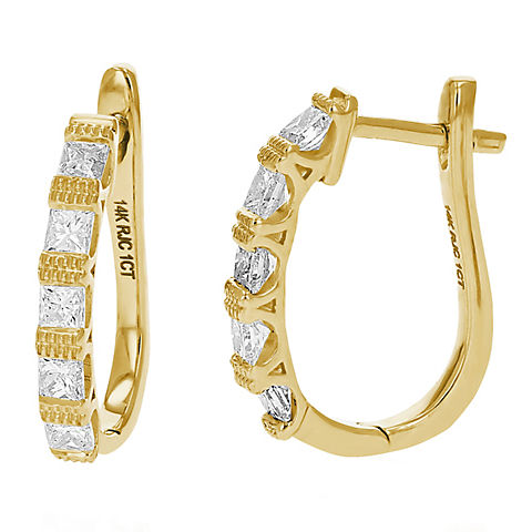 Amairah 1 ct. t. w. Princess Cut Diamond Hoop Earrings 14k Yellow Gold Milgrain Prong Set .75"