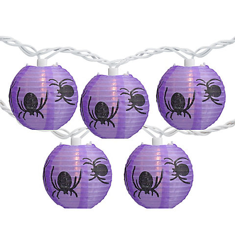 Northlight 10-Ct. Purple and Black Spider Paper Lantern Halloween Lights with 8.5' White Wire