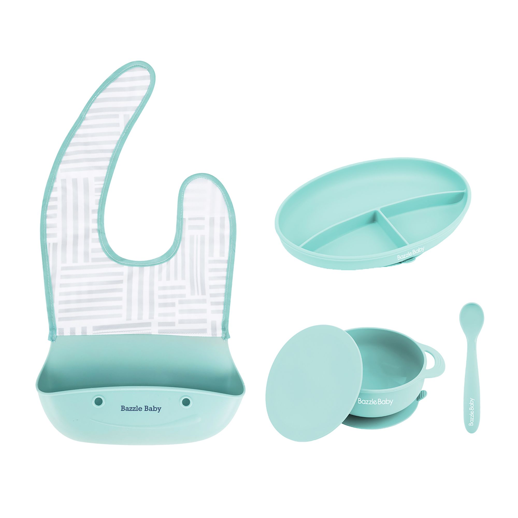 Bazzle Baby Foodie Feeding Set: Silicone Bib, Plate, Bowl, Lid and Spoon