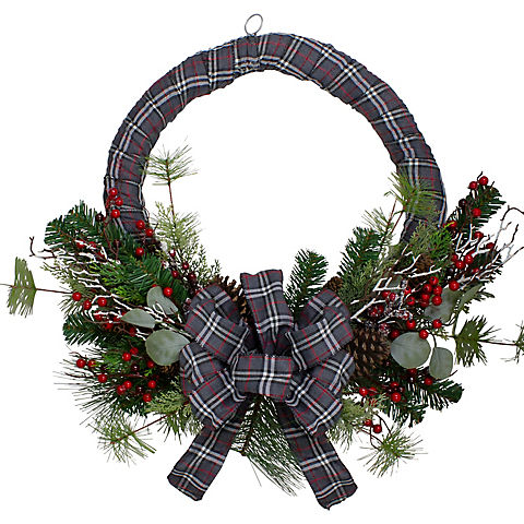 Northlight 24" Gray and Red Plaid Artificial Christmas Wreath