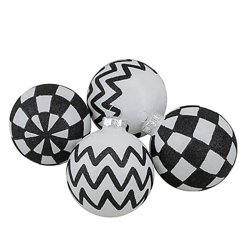 Northlight 2.5" 4-Pc. Black and White Glass Ball Christmas Ornaments