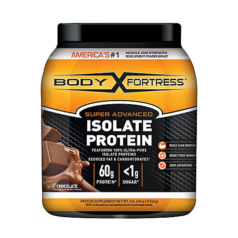 Body Fortress Super Advanced Chocolate Protein Isolate, 3 lbs.