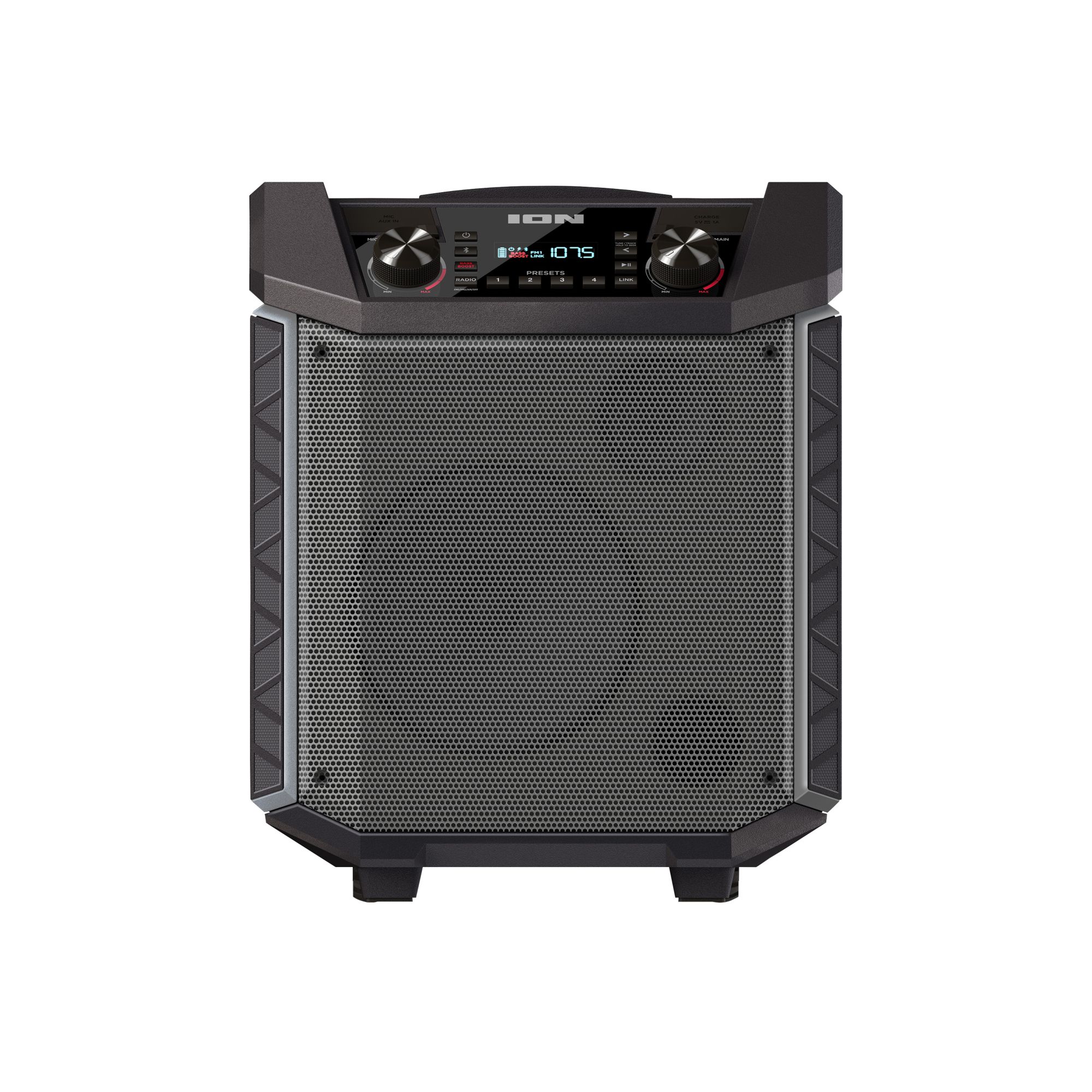 ION Highlander - Altavoz Bluetooth para exteriores de 120 W con batería,  micrófono de karaoke, resistente al agua, radio, ruedas, mango y carga USB