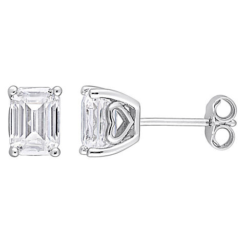 2 ct. t.g.w. Moissanite Emerald Cut Stud Earrings with Heart Detail in Sterling Silver