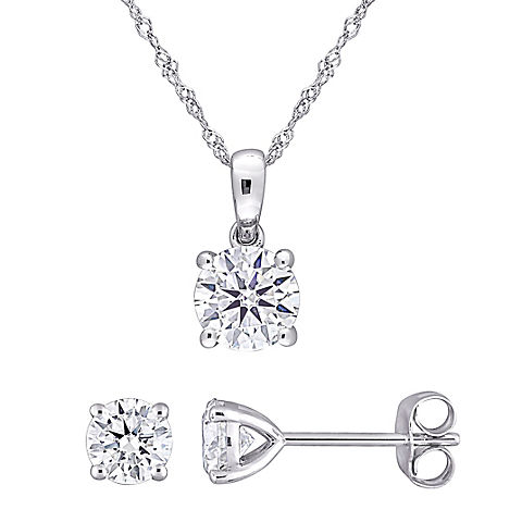 Moissanite Solitaire Stud Earrings and Necklace Set in 10k White Gold