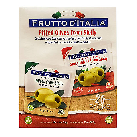 Frutto d'Italia Sicilian Pitted Green Olives Snack Pouches, 20 ct./1.1 oz.