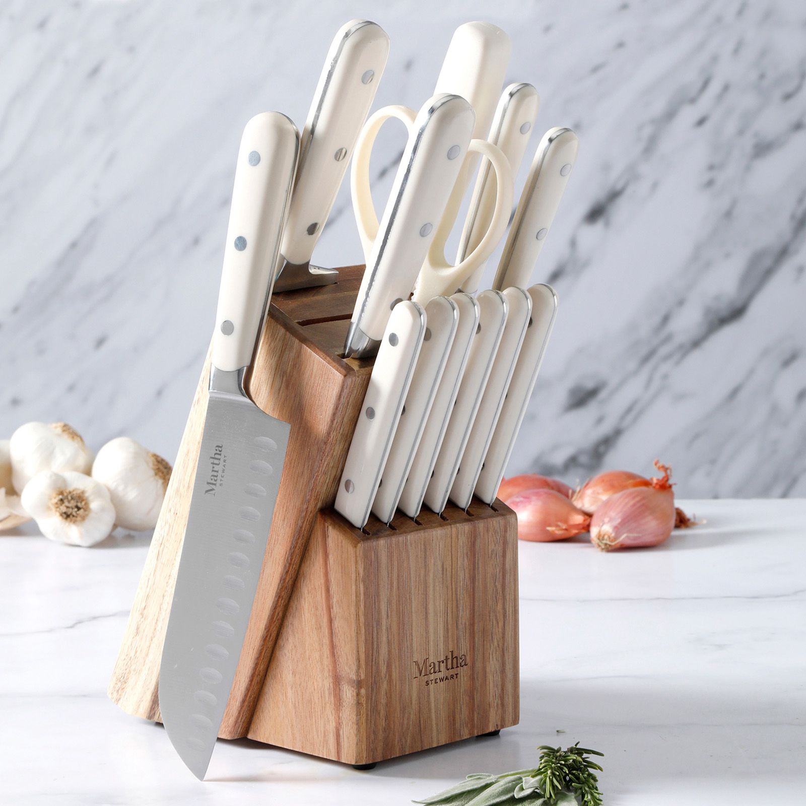 MARTHA STEWART Eastwalk 14 Piece High Carbon Stainless Steel Cutlery Knife  Block Set w/ABS Triple Riveted Forged Handle Acacia Wood Block - Linen