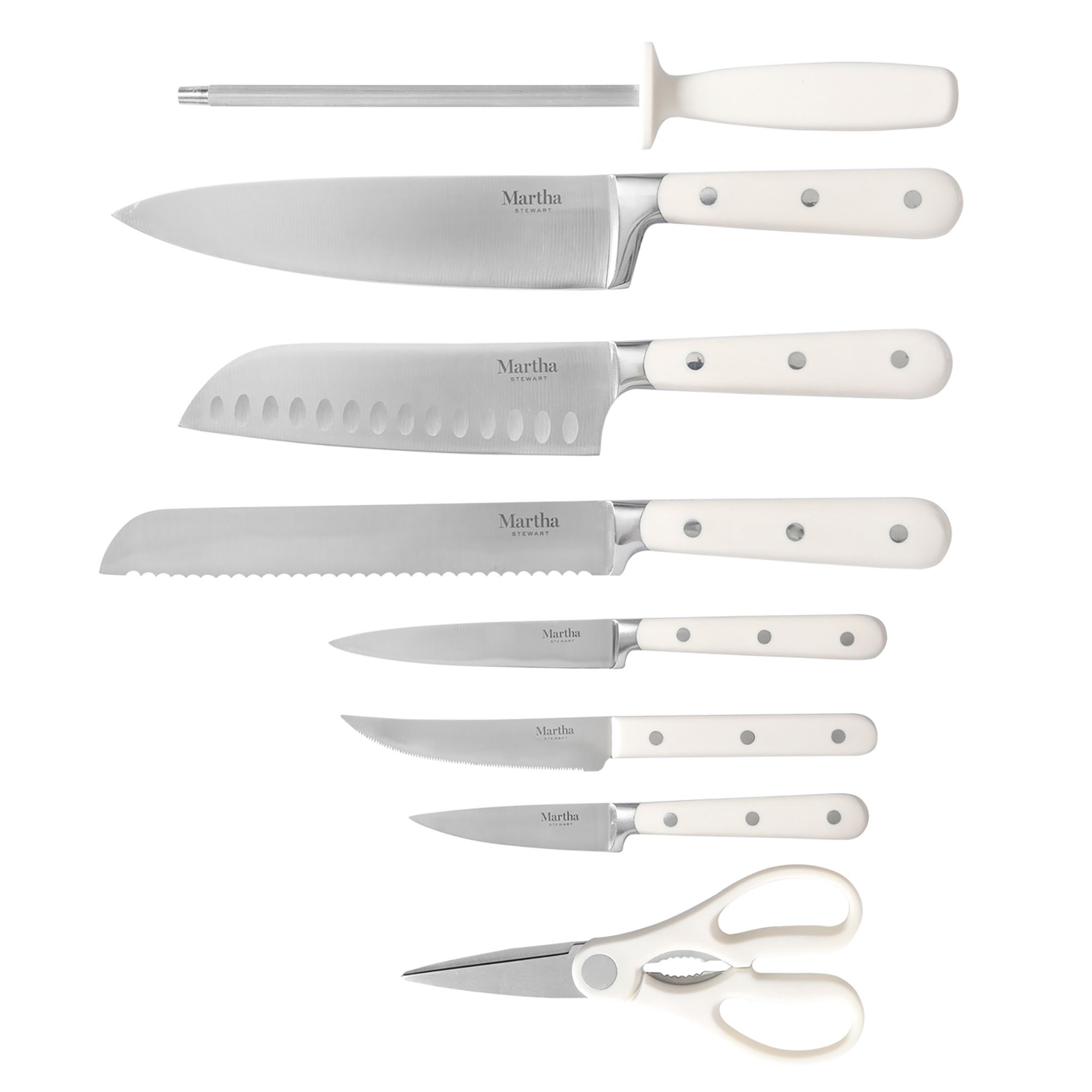  MARTHA STEWART Eastwalk 14 Piece High Carbon Stainless Steel Cutlery  Knife Block Set w/ABS Triple Riveted Forged Handle Acacia Wood Block -  Linen White: Home & Kitchen