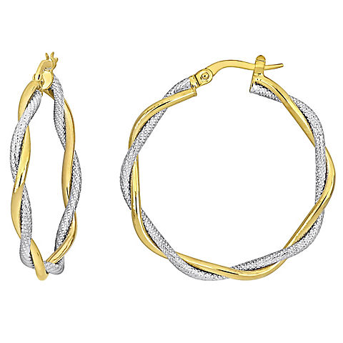 33mm Twisted Hoop Earrings in 10k Two-Tone Yellow and White Gold