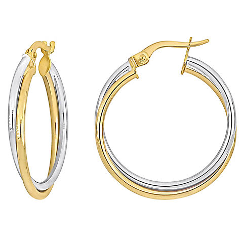 26mm Crossover Hoop Earrings in 10k Two-Tone Yellow and White Gold