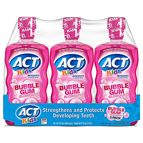 ACT Kids Bubblegum Blowout Anti-Cavity Rinse, 3 ct./16.9 oz.