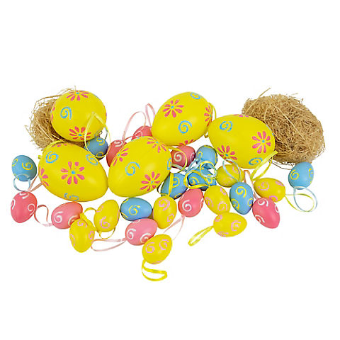 Northlight 3.25" Blue and Yellow Painted Floral Spring Easter Egg Ornaments, 29 pc.