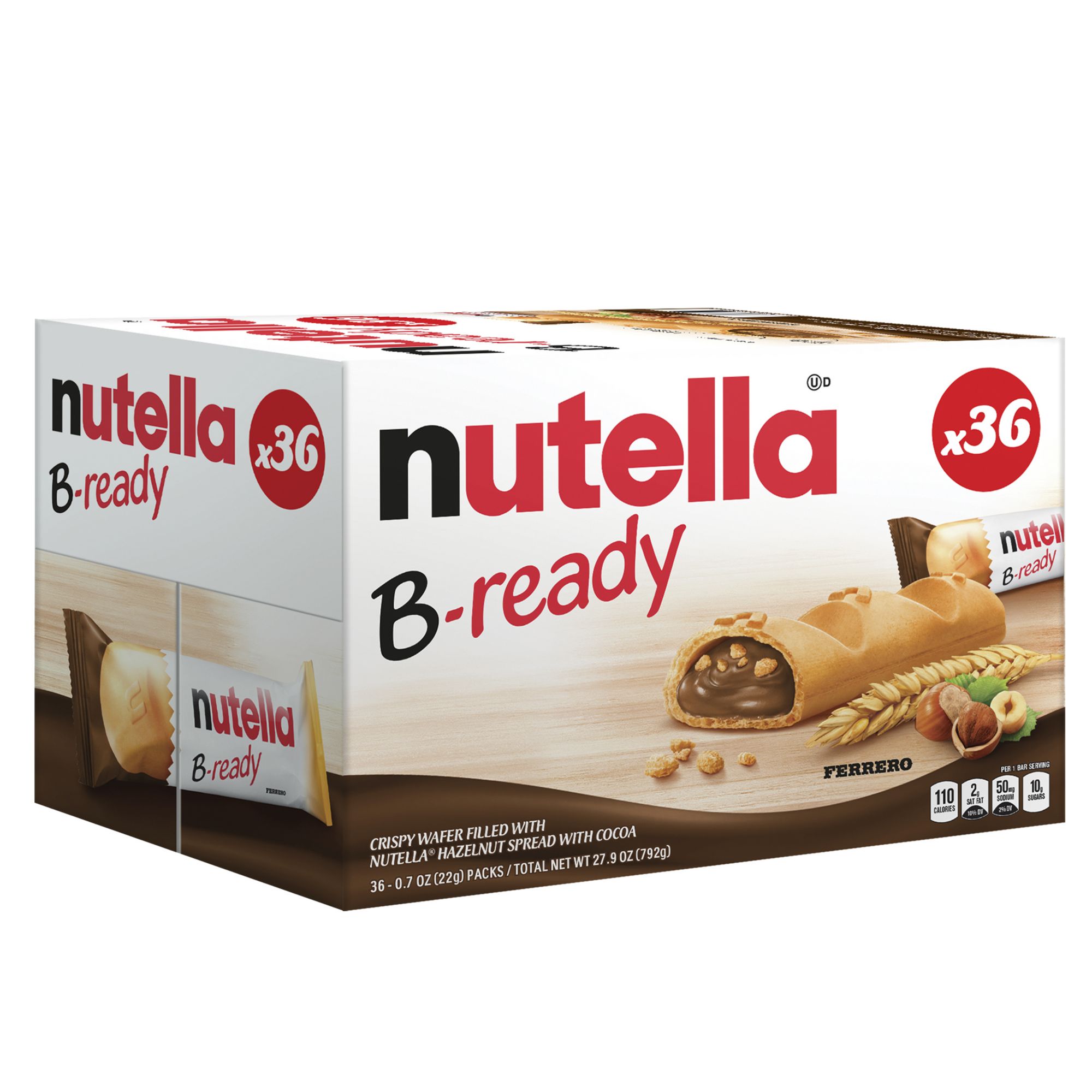 Nutella B-ready Wafer Bars, Hazelnut Spread with Cocoa, Individually Wrapped Snack Bars, 36 ct./0.7 oz.