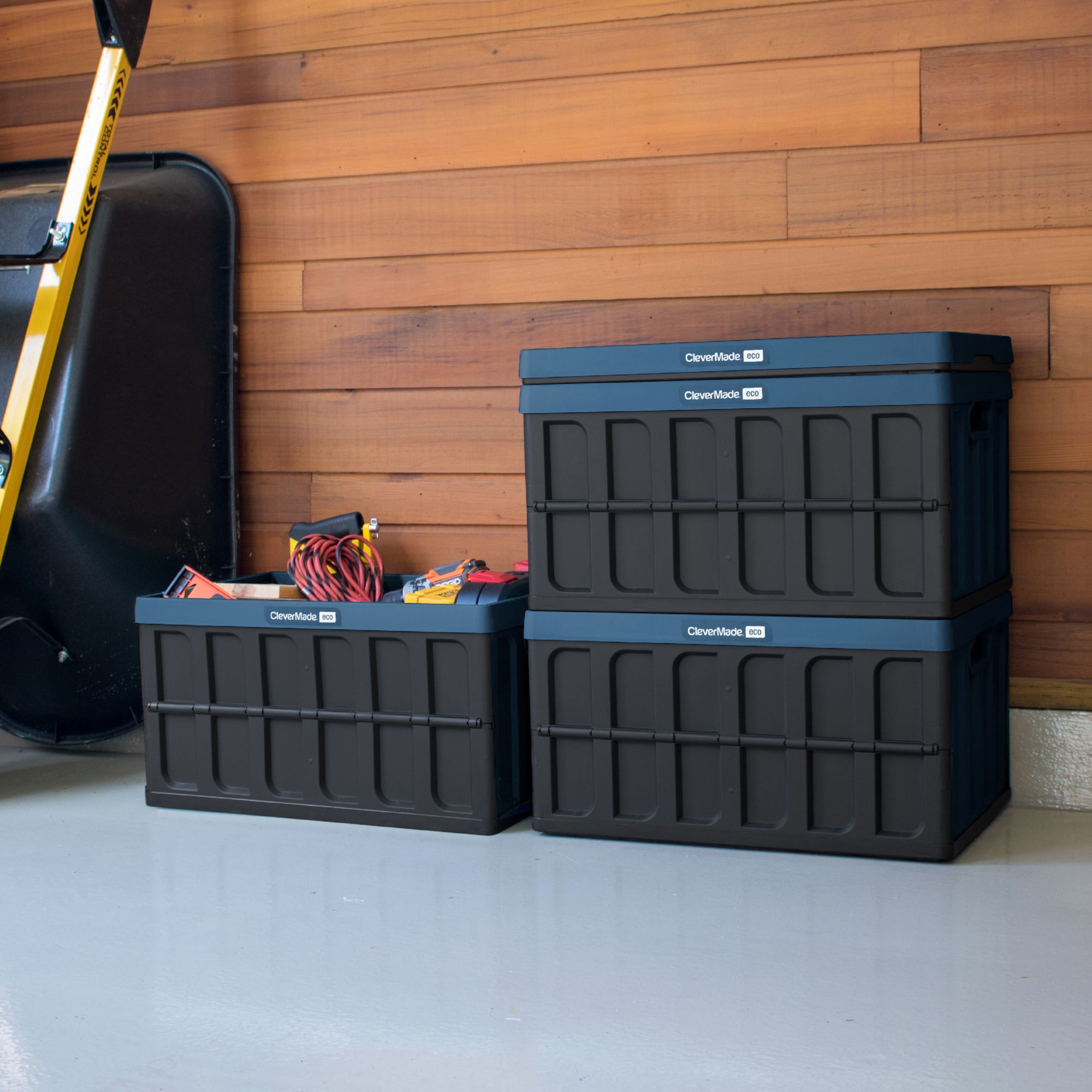 CleverMade 62L Collapsible Storage Bins with Lids - Folding Plastic  Stackable Utility Crates, Solid Wall CleverCrates, 3 Pack, Neptune Blue