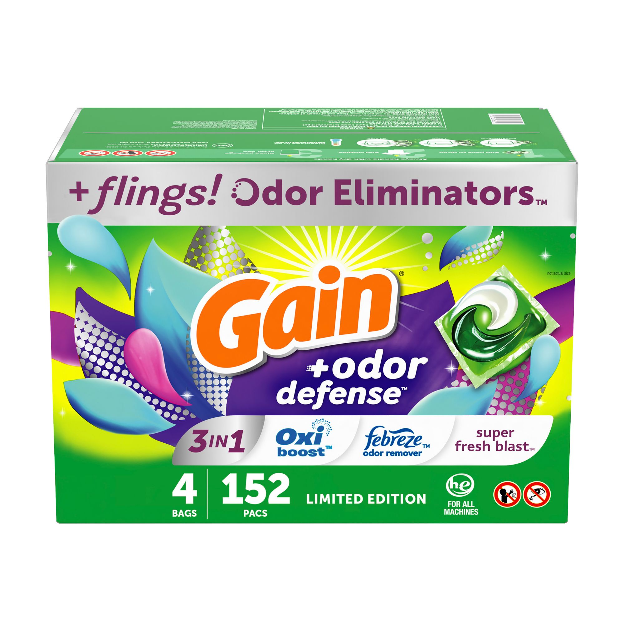 Gain Flings 3-in-1 Laundry Detergent Pacs with Odor Defense, 152