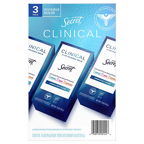Secret Clinical Strength Invisible Solid Antiperspirant and Deodorant - Completely Clean, 3pk./1.6 oz.