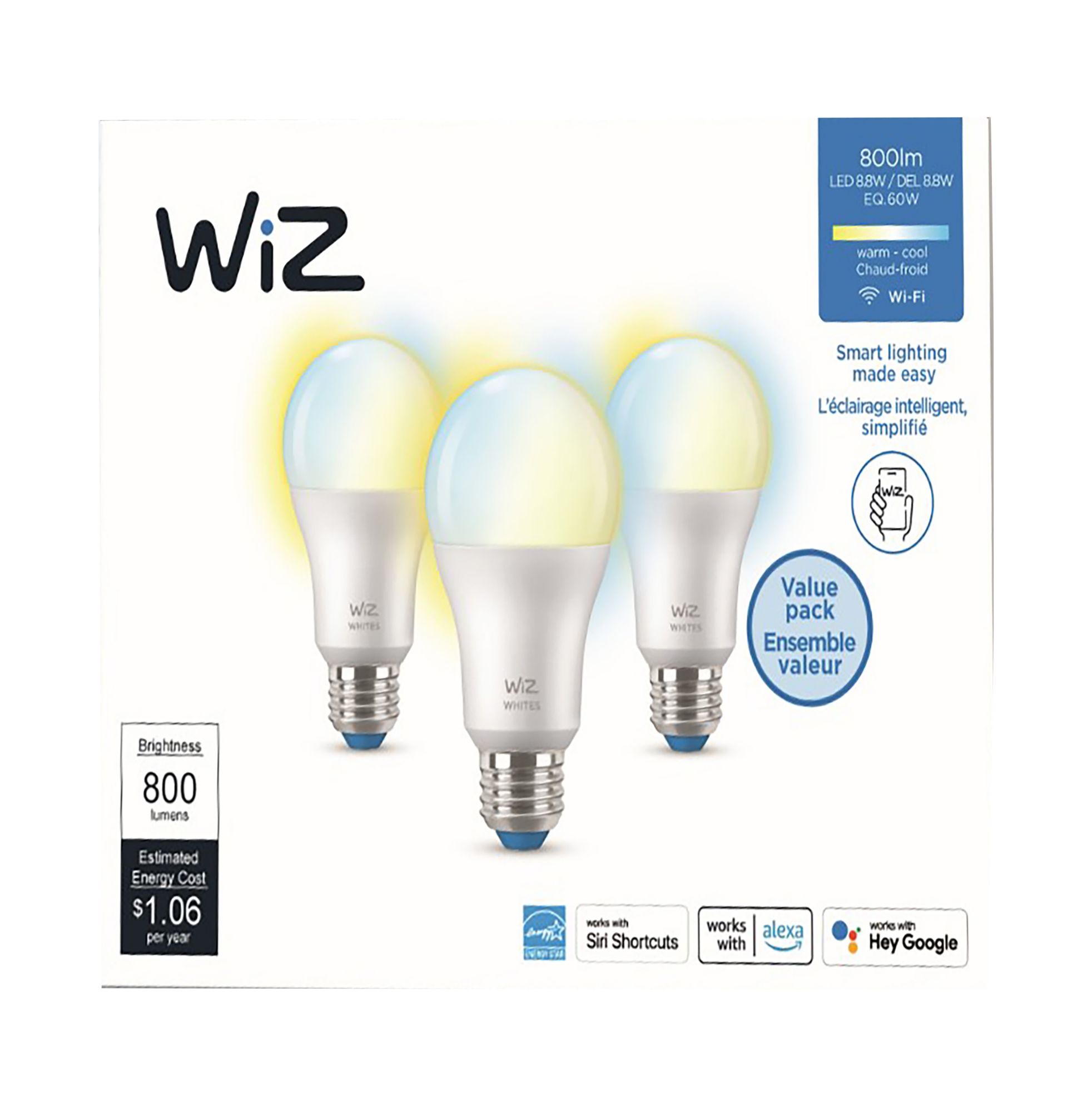 WiZ A19 60W LED Smart Bulb, 3 pk. - White