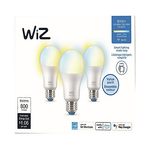 WiZ Tunable White A19 (60W Equivalent) LED Smart Bulb, 3 pk.