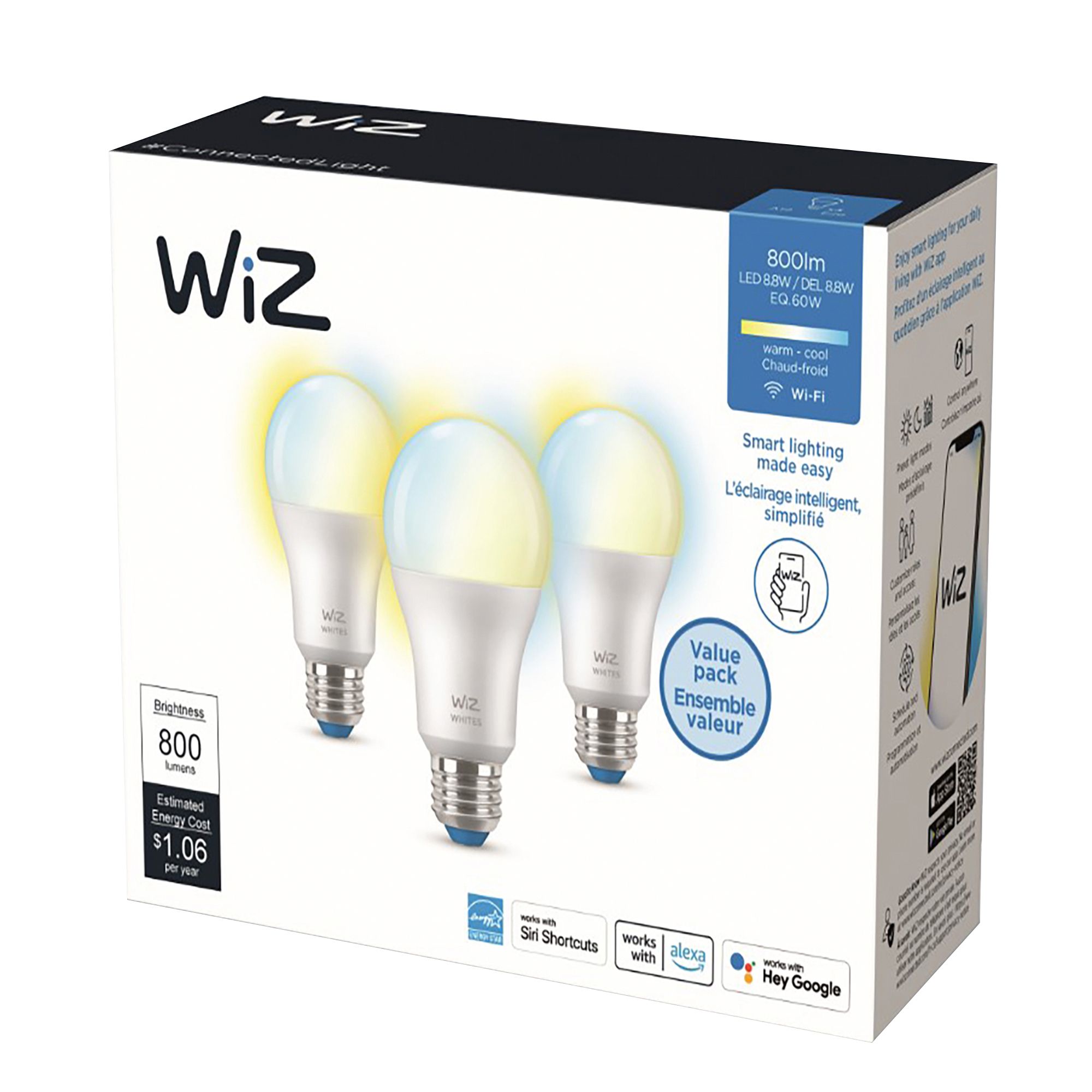 WiZ A19 60W LED Smart Bulb 3 pk. White BJ s Wholesale Club