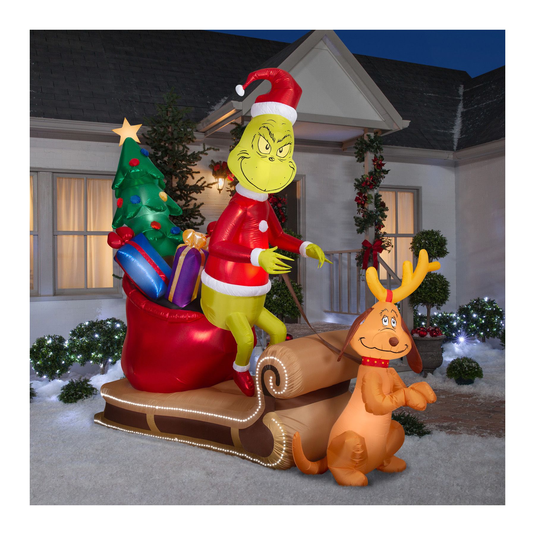 Gemmy 9.3' Airblown Animated Inflatable Grinch and Max Sleigh Scene with  Micro LEDs