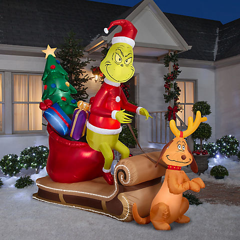 Gemmy 9.3' Airblown Animated Inflatable Grinch and Max Sleigh Scene with Micro LEDs