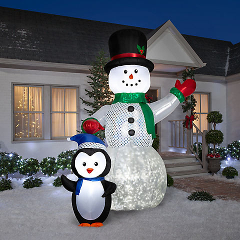 Gemmy 10' Airblown Animated Inflatable Dapper Disco Snowman and Penguin Pal