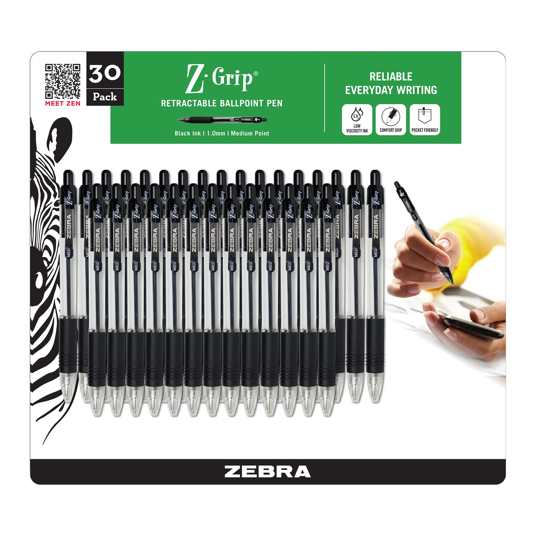 Zebra Z-Grip Retractable Ballpoint Pen, 1.0mm, Medium Tip, Black Ink,  18-Count 