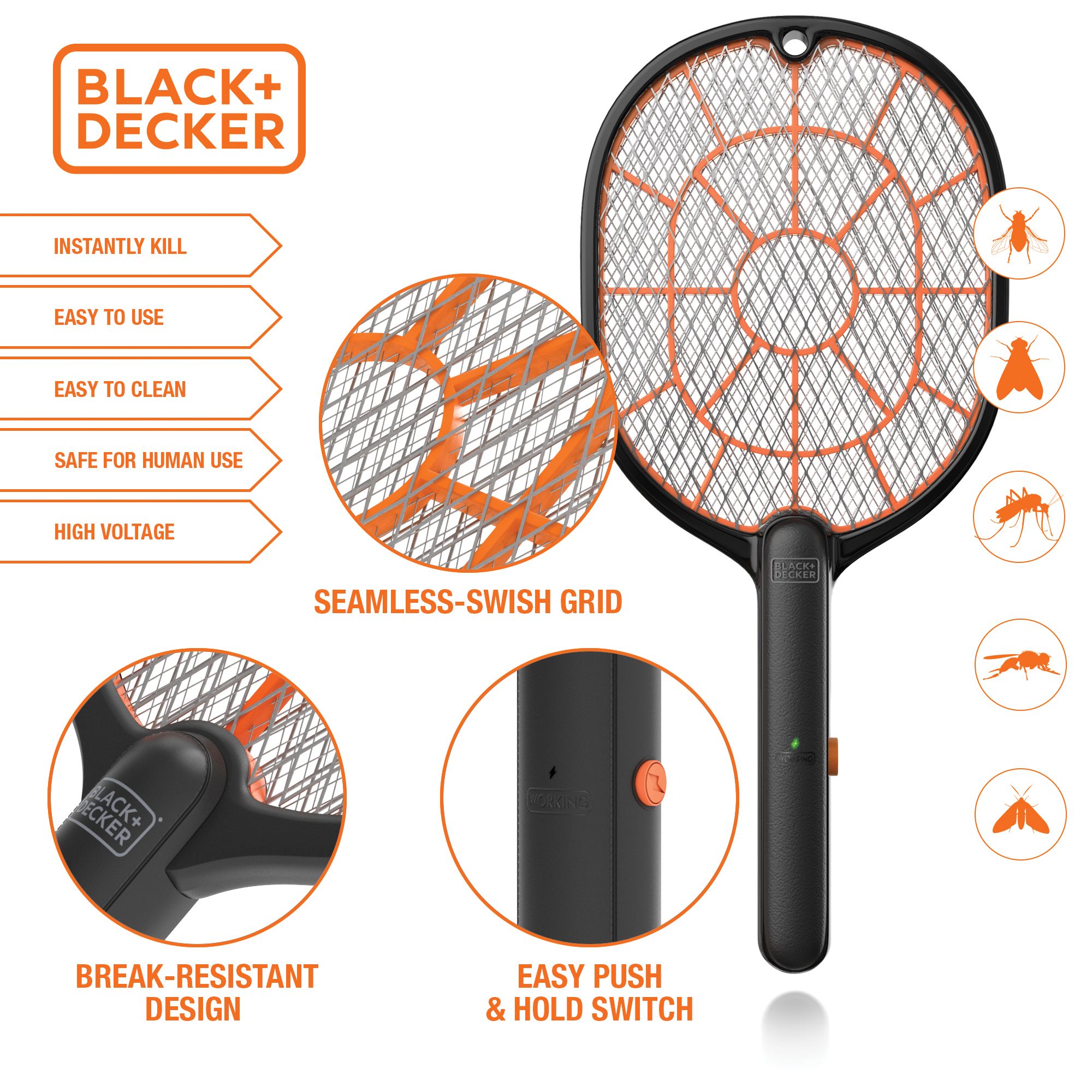 Black + Decker Electric Fly Swatter, Large Handheld Indoor & Outdoor  Mosquito & Bug Zapper with Battery-Powered Mesh Grid & Heavy-Duty Tennis  Racket Design