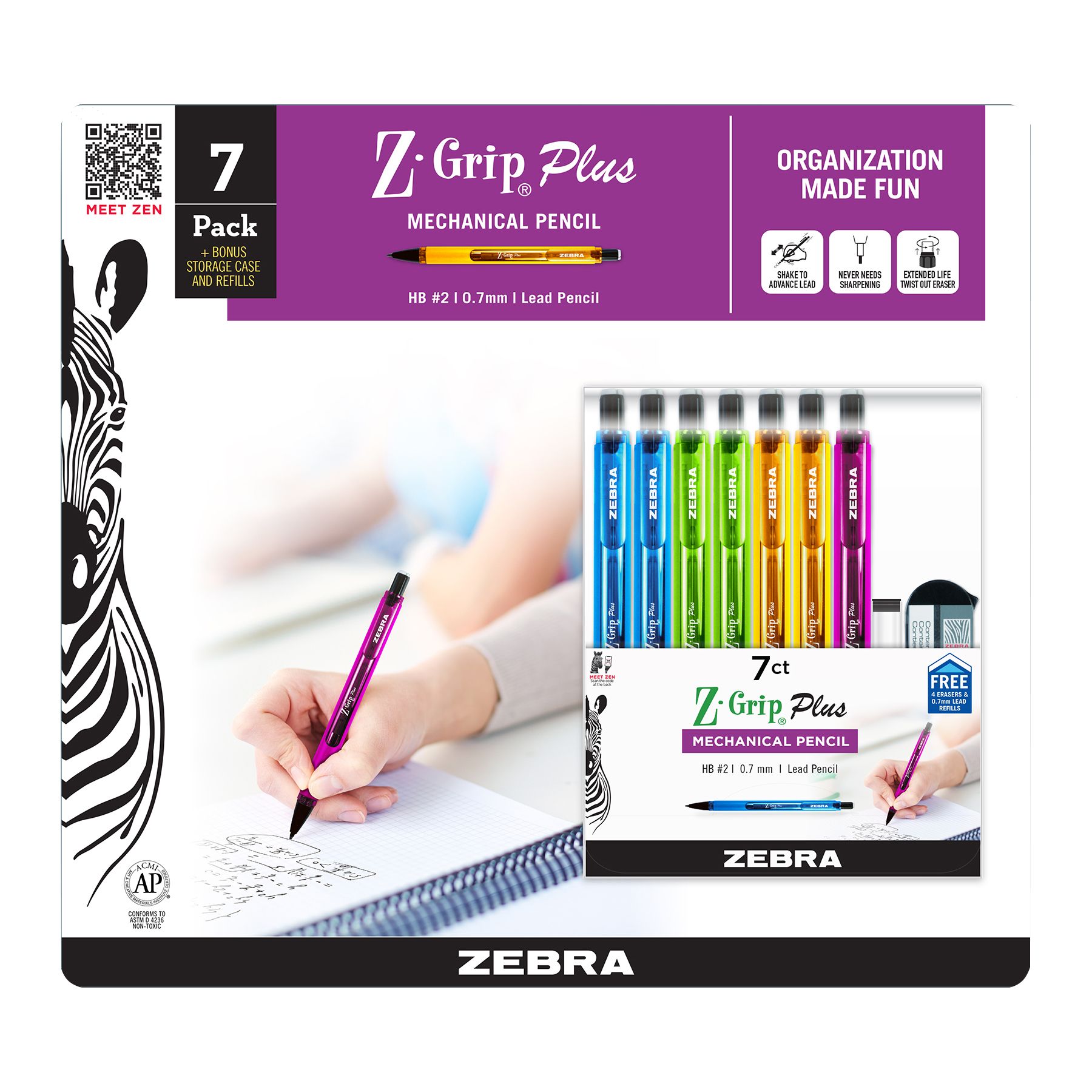 Zebra Z-Grip Plus Refillable Mechanical Pencil, 0.7mm, Bonus Lead and  Erasers, Assorted Barrel Colors, Green, Yellow, Blue, 3-Count