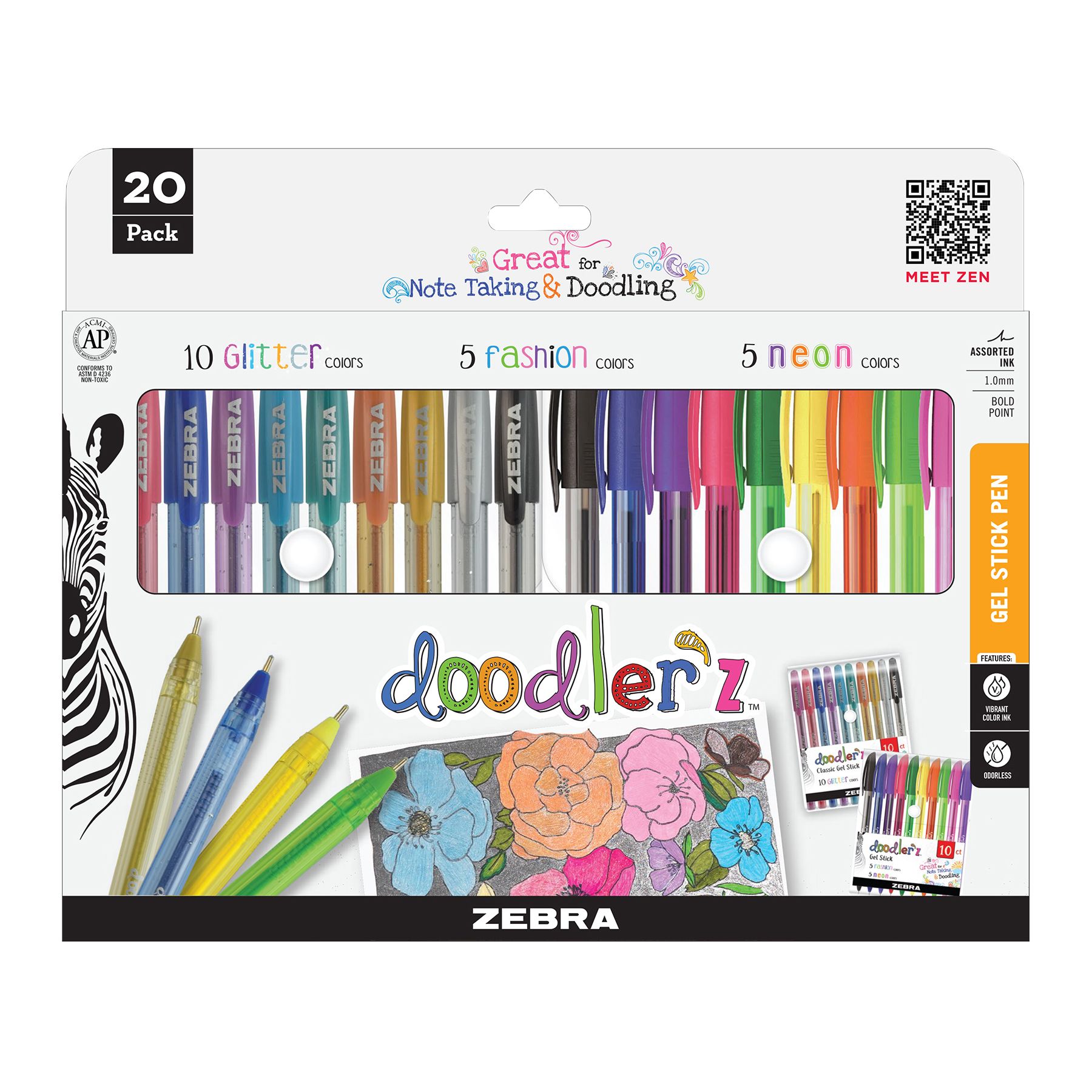 10 x Zebra Z-Grip Glitter Pens - Doodler'z - 1.0mm - Assorted Glitter  Colours