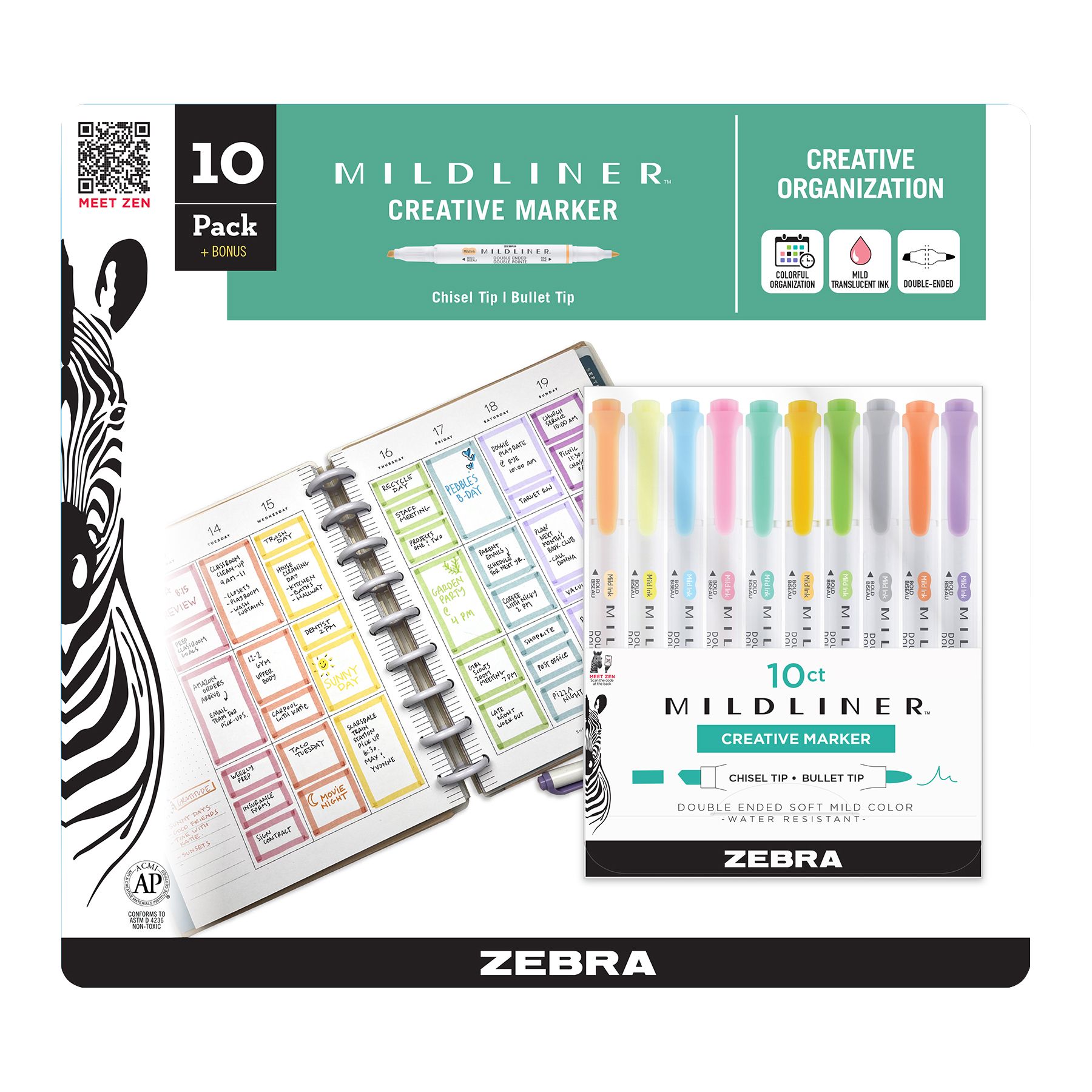 Zebra Pen Mildliner Double Ended Highlighter Set of 5 Colors Broad and Fine  Point Tips 