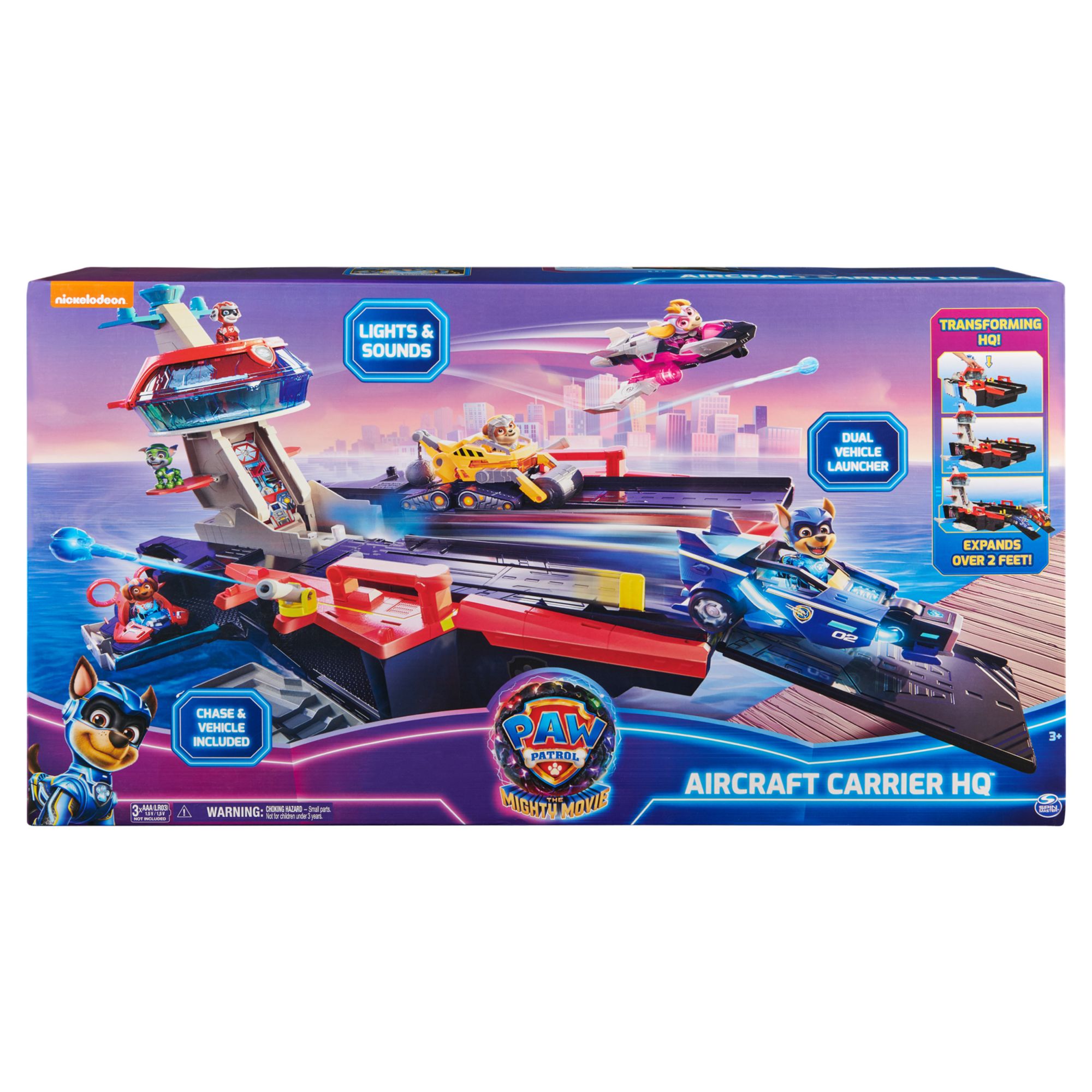 Paw Patrol: The Mighty Movie Aircraft Carrier HQ with Chase Action Figure  and Mighty Pups Cruiser