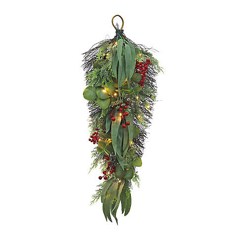 Berkley Jensen 32" Pre-Lit Holiday Swag with Red Berries and Flocked Leaves, Set of 2