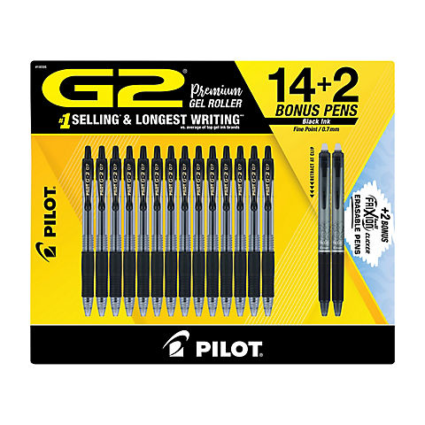 Pilot G2 Gel Pens, 14 ct. with 2 Bonus FriXion Erasable Pens - Black