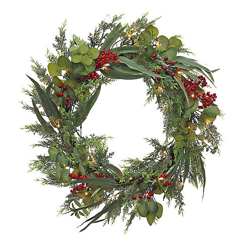 Berkley Jensen 28" Pre-Lit Holiday Wreath with Red Berries and Flocked Leaves