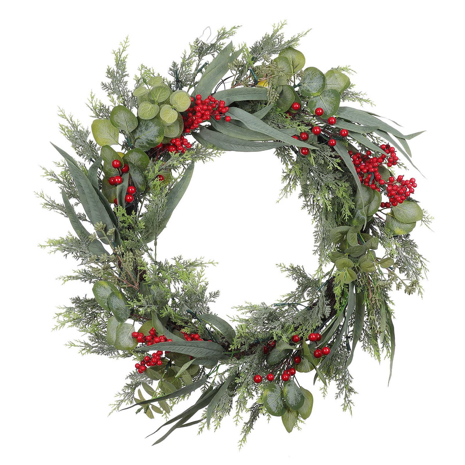Berkley Jensen 28" Pre-Lit Holiday Wreath with Red Berries and Flocked Leaves