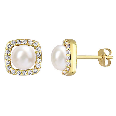 6-6.5mm Cultured Freshwater Pearl and Created White Sapphire Halo Earrings in 10k Yellow Gold