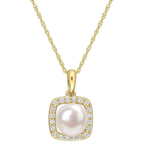 7-7.5mm Cultured Freshwater Pearl and Created White Sapphire Halo Necklace in 10k Yellow Gold